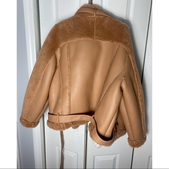 Missguided Tan Borg Teddy Faux Leather Aviator Jacket Belted Premium Size 14 XL - Picture 5 of 5